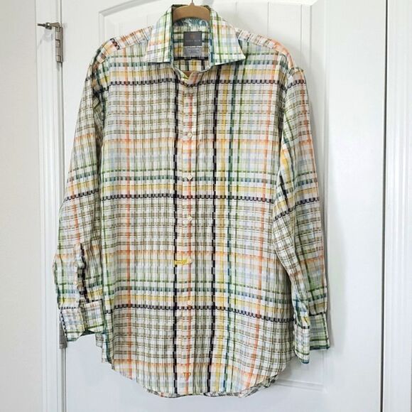 Thomas Dean Size L Button Down Cotton Checked Shirt, with Paisley Trim - Picture 1 of 6